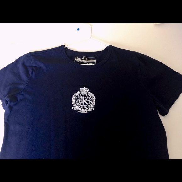 Ralph Lauren woman top navy blue cotton Crew neck white logo crest half sleeve L - Picture 8 of 11